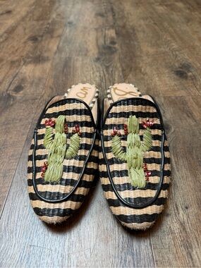 Sam Edelman Black & Natural Striped Raffia Cactus Mules